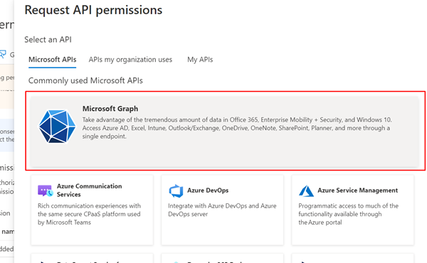 Captura de ecrã da janela de permissões da API de pedido com o Microsoft Graph destacado.