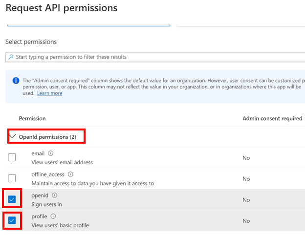 Captura de ecrã com permissões OpenId, openid e perfil destacadas.