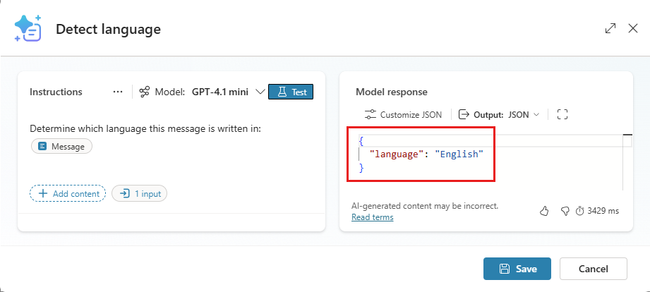 Captura de tela de um prompt configurado para detetar o idioma de uma mensagem.