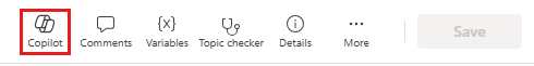 Captura de tela da barra de ferramentas de tópicos destacando o botão Copilot.