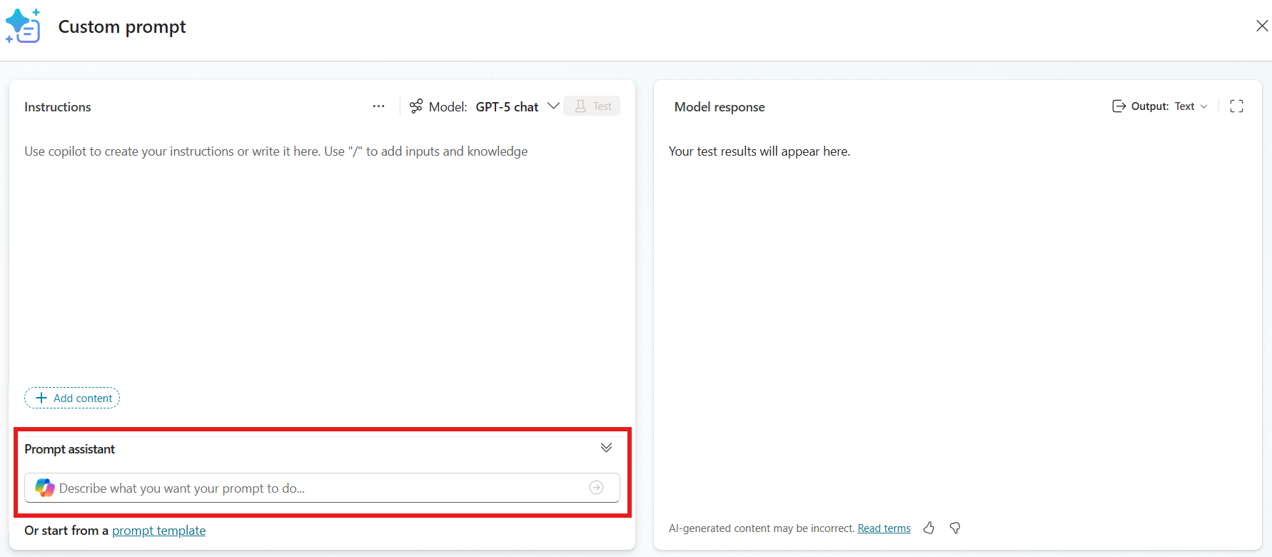 Captura de ecrã de um prompt escrito com o prompt assistant.
