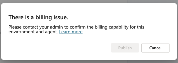 Captura de ecrã de uma mensagem de erro de faturação que pede ao utilizador para contactar o administrador em caso de problemas de capacidade de faturação.