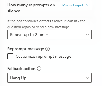 Captura de tela das configurações de ação de fallback de um nó de pergunta.