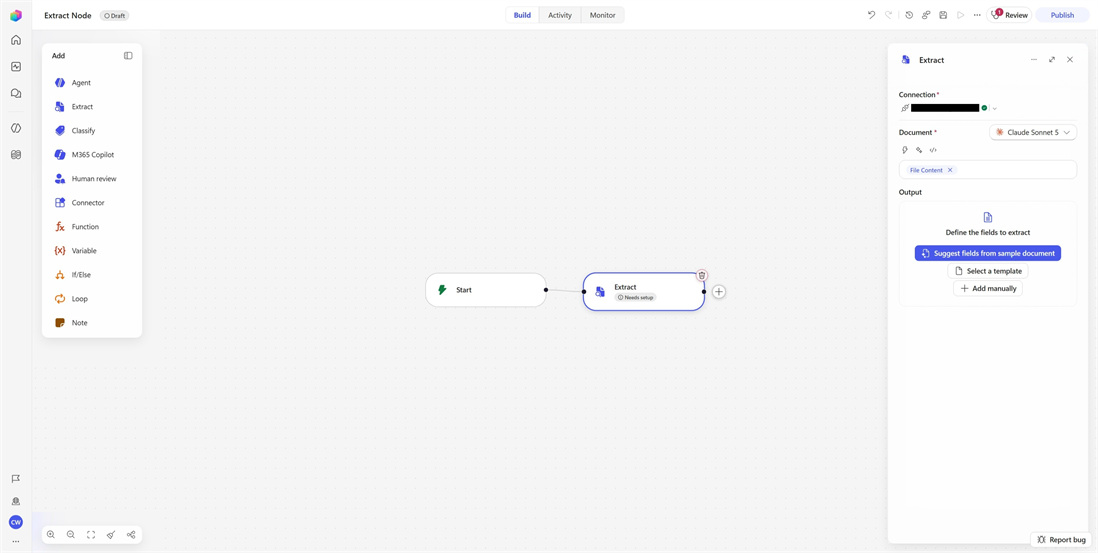 Captura de ecrã de um painel de configuração do nó Extract com opções para sugerir campos a partir de um documento de exemplo, selecionar um modelo ou adicionar campos manualmente.