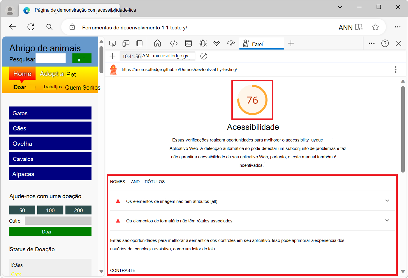 Um relatório do Lighthouse para a categoria Acessibilidade