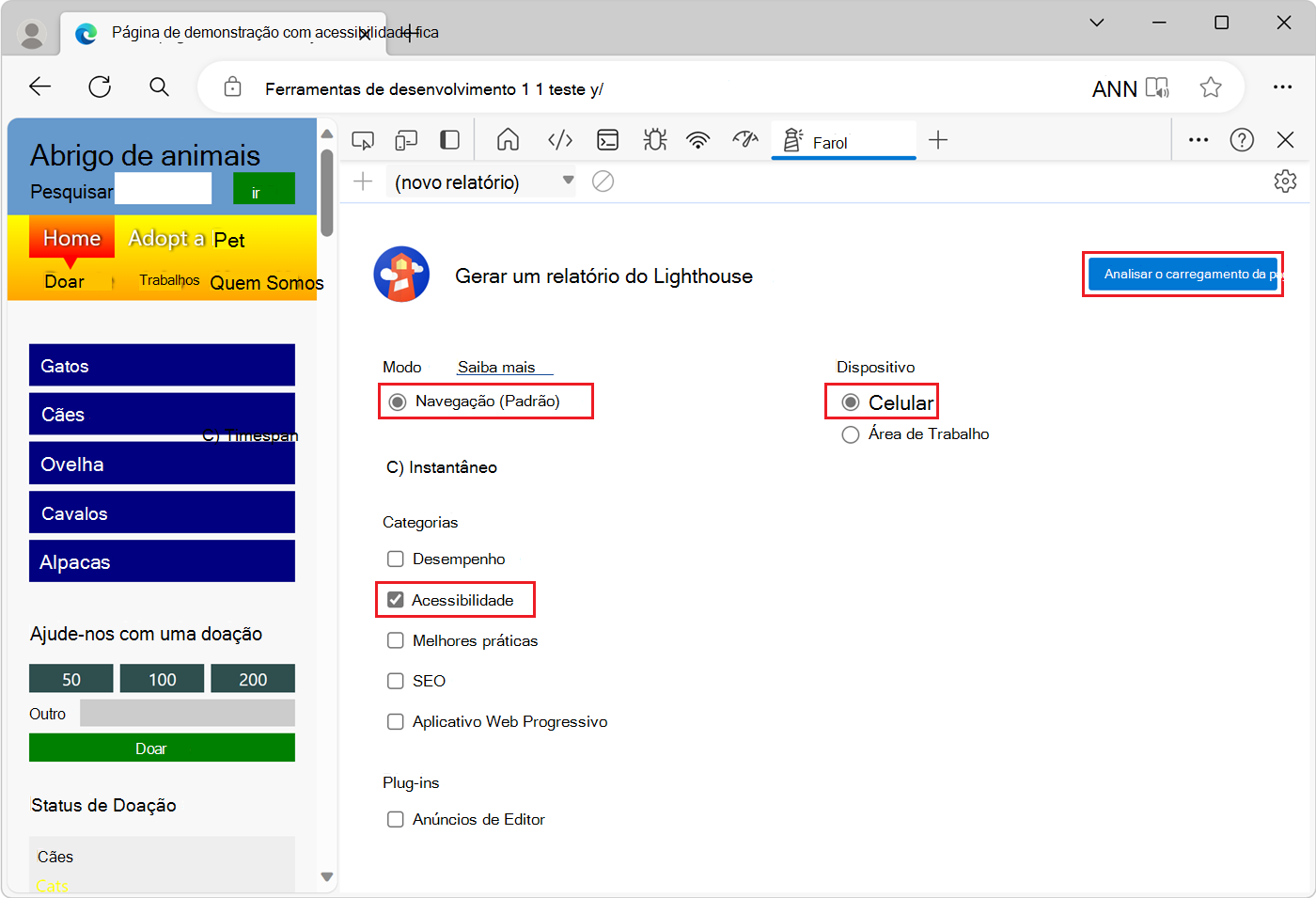 As opções de configuração a serem usadas