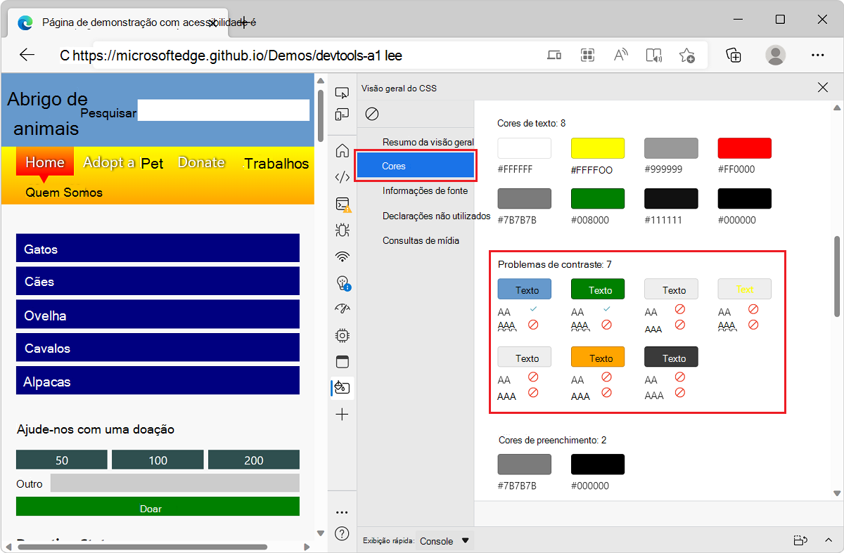 Microsoft Edge, com o aplicativo de demonstração de lista TODO e DevTools, mostrando uma lista de problemas de contraste no relatório visão geral do CSS