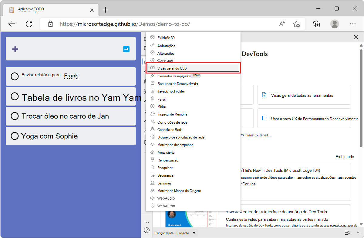 Microsoft Edge, com o aplicativo de demonstração de lista TODO, e DevTools ao lado dele, mostrando a lista de ferramentas do botão Mais Ferramentas