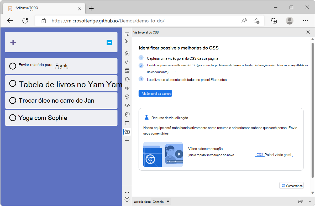 Microsoft Edge, com o aplicativo de demonstração de lista TODO, e DevTools ao lado dele, mostrando a tela de boas-vindas visão geral do CSS