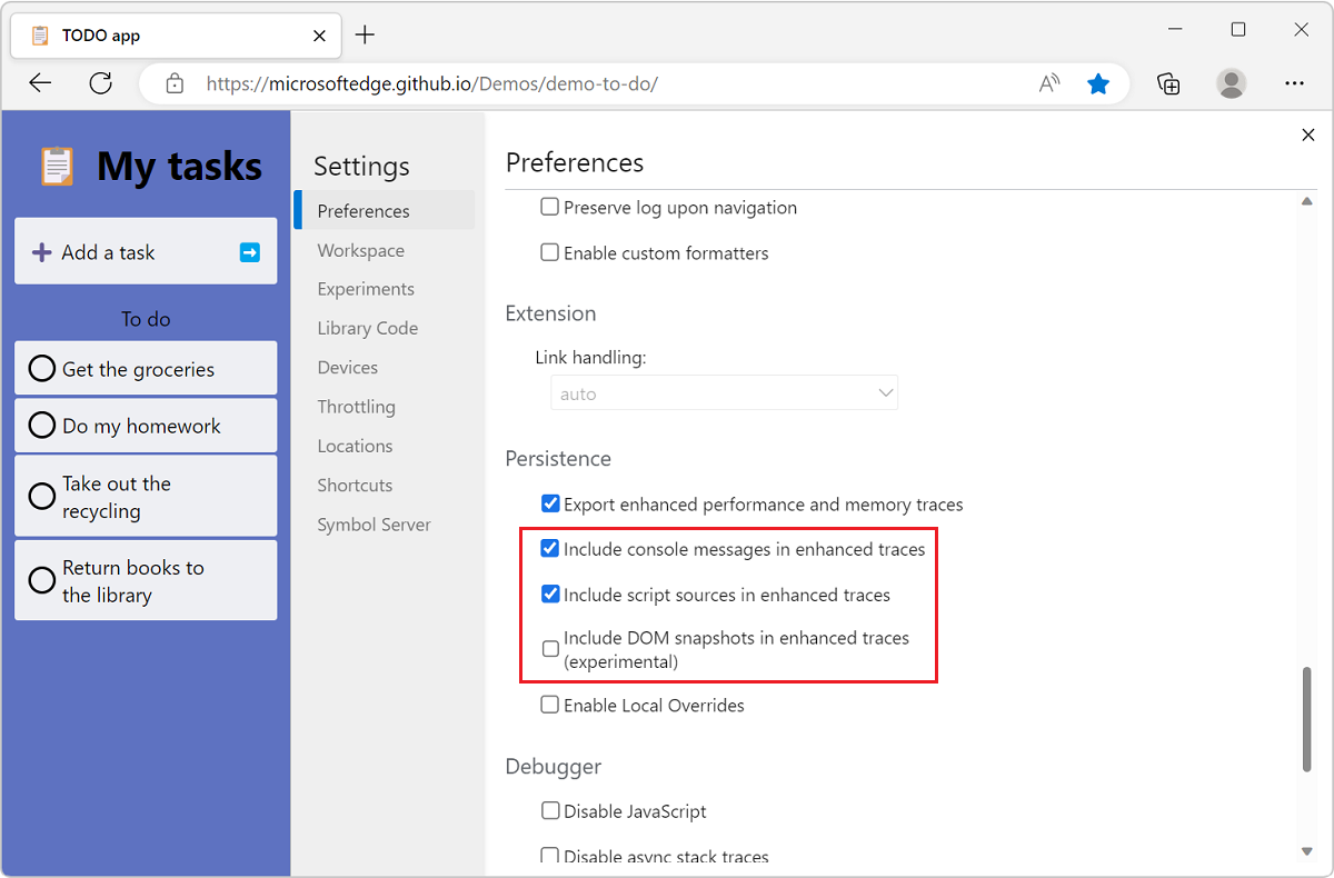 O painel Configurações em DevTools, mostrando as outras opções de rastreamento aprimoradas