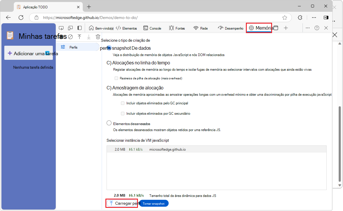 Microsoft Edge, mostrando a ferramenta Memória em DevTools, com o botão Carregar