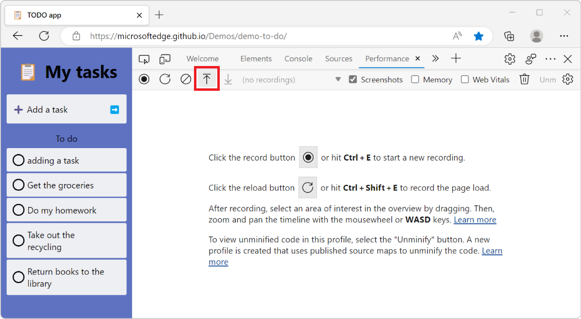 Microsoft Edge, mostrando a ferramenta Desempenho em DevTools, com o botão Carregar perfil