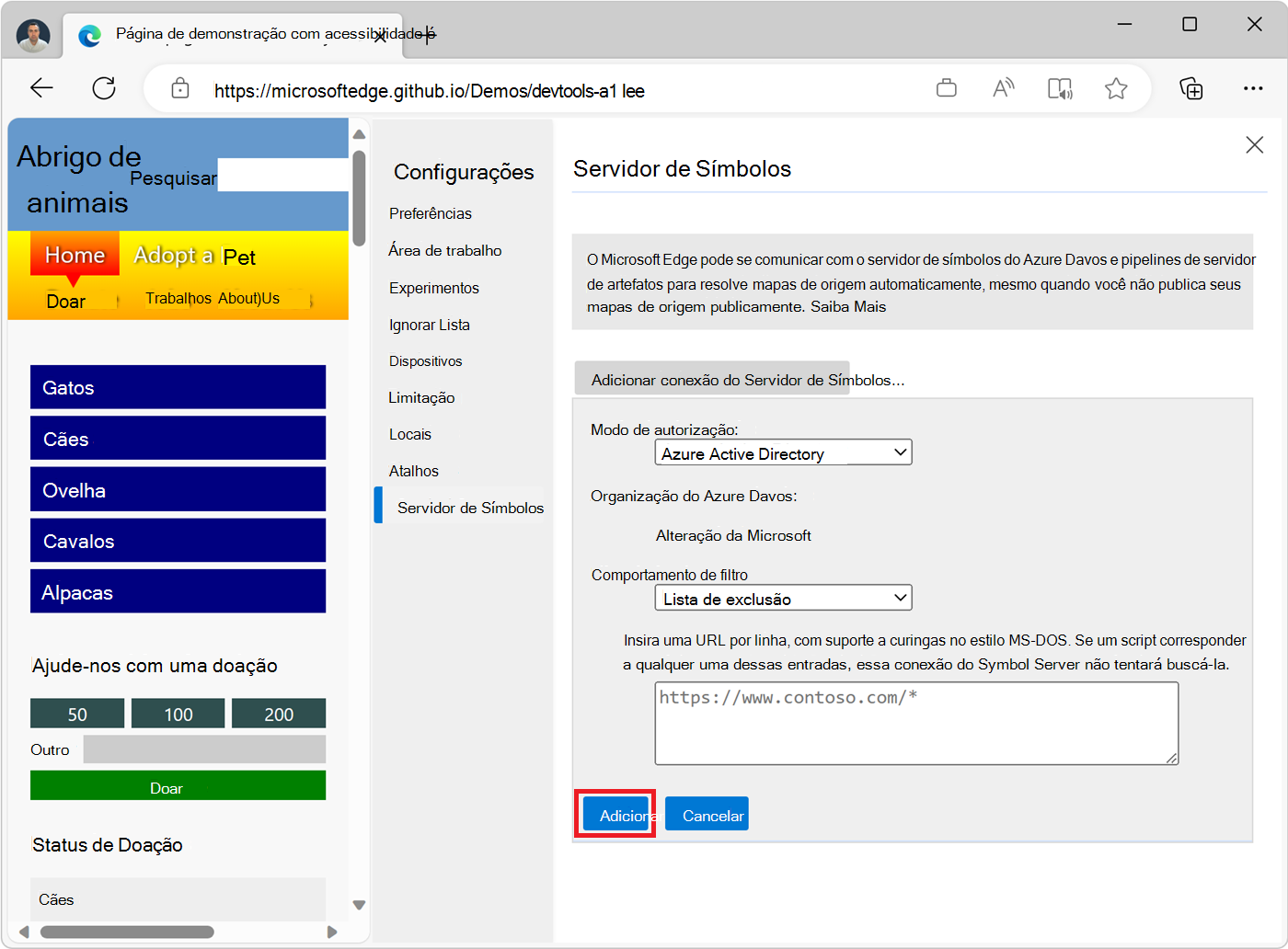 A tela de configuração do Servidor de Símbolos em DevTools, mostrando o botão Adicionar para criar uma nova conexão