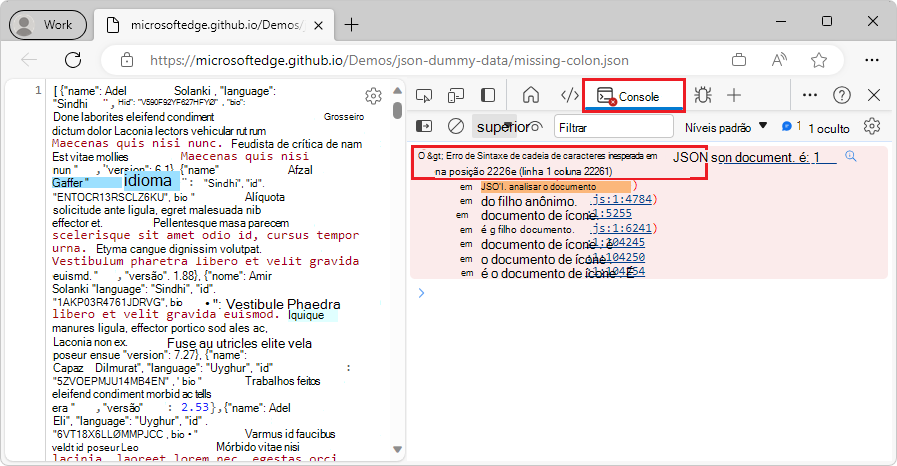 JSON inválido, realçado por não formatado, com um erro de sintaxe apresentado na ferramenta Consola