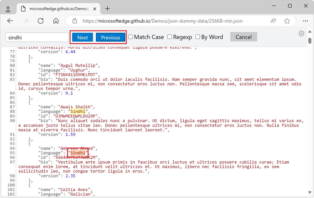 Os botões Seguinte e Anterior na barra de ferramentas de pesquisa do visualizador JSON