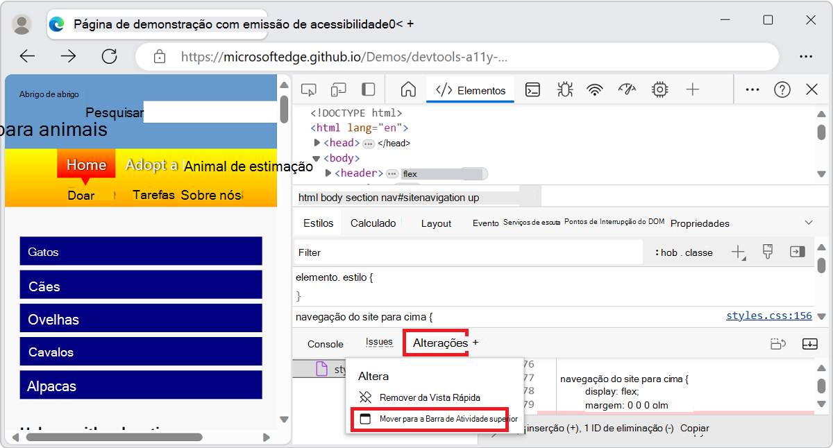 O menu de contexto de uma ferramenta na barra de ferramentas vista rápida, incluindo o comando 