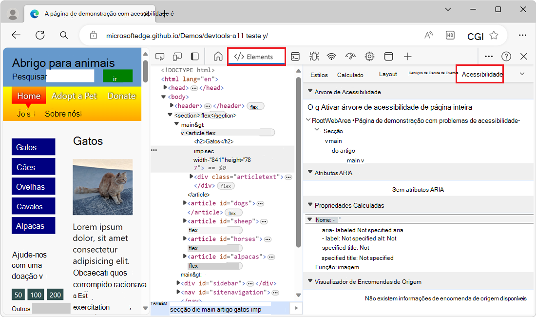 O separador Acessibilidade, no painel da barra lateral da ferramenta Elementos