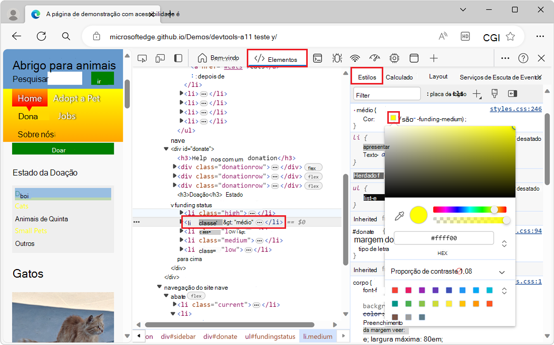 O seletor de cores, aberto no separador Estilos, junto à propriedade color do elemento