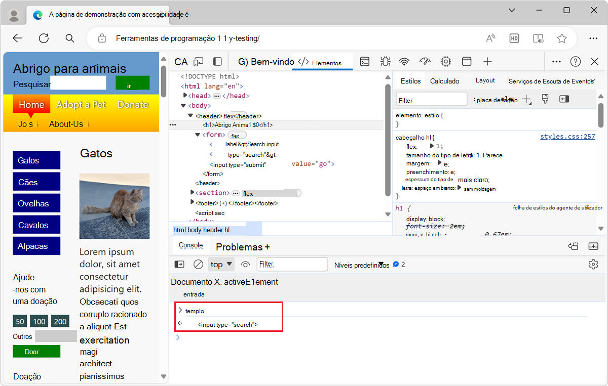 O elemento focado como uma nova variável na ferramenta Consola