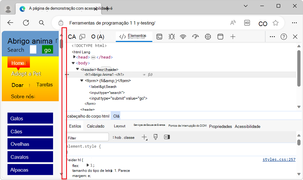 A janela do browser é estreita
