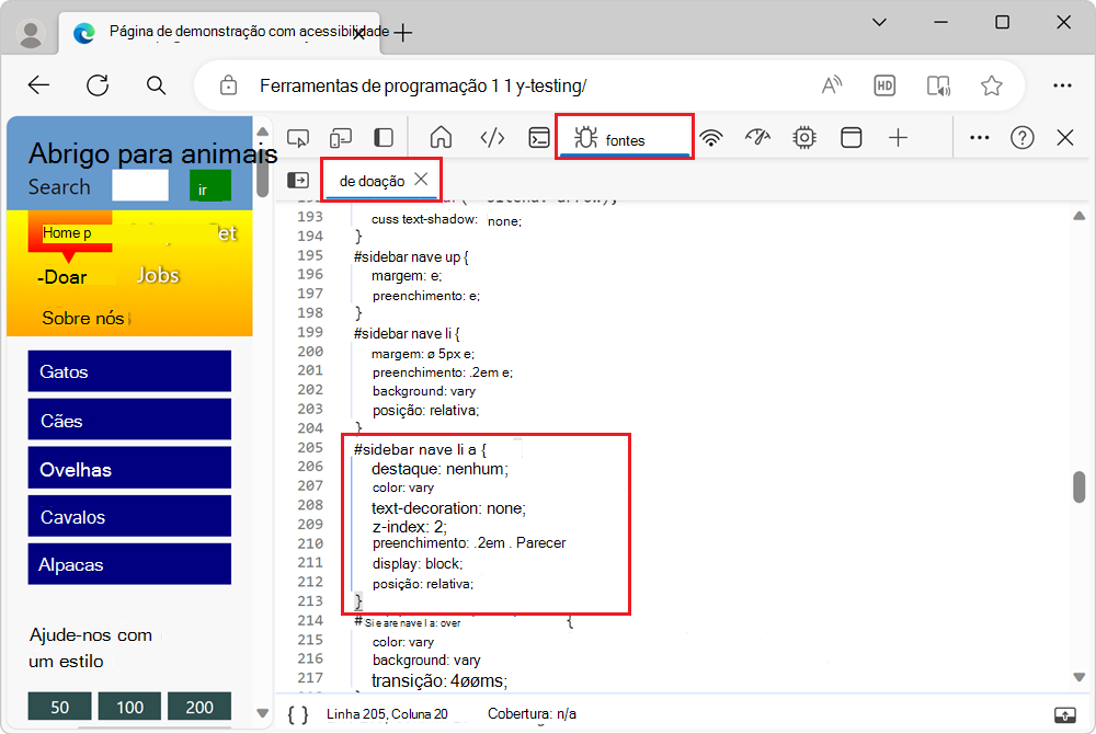Os estilos aplicados à ligação na ferramenta Origens