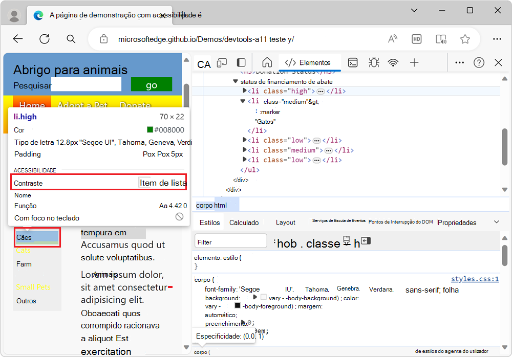Um elemento que não tem contraste suficiente é sinalizado por um aviso na sobreposição Inspecionar