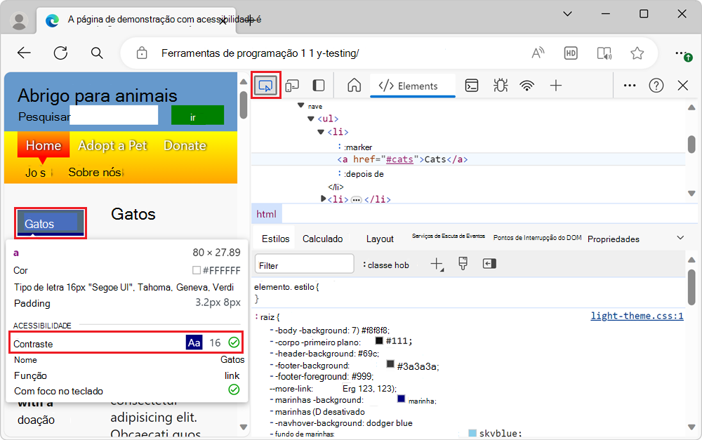 Os itens de menu têm contraste suficiente, conforme mostrado na ferramenta Inspecionar