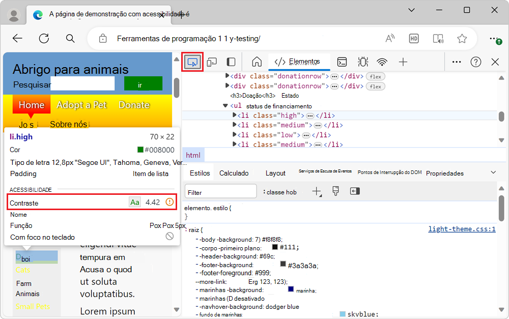 Um elemento que não tem contraste suficiente, conforme mostrado pelo aviso na ferramenta Inspecionar