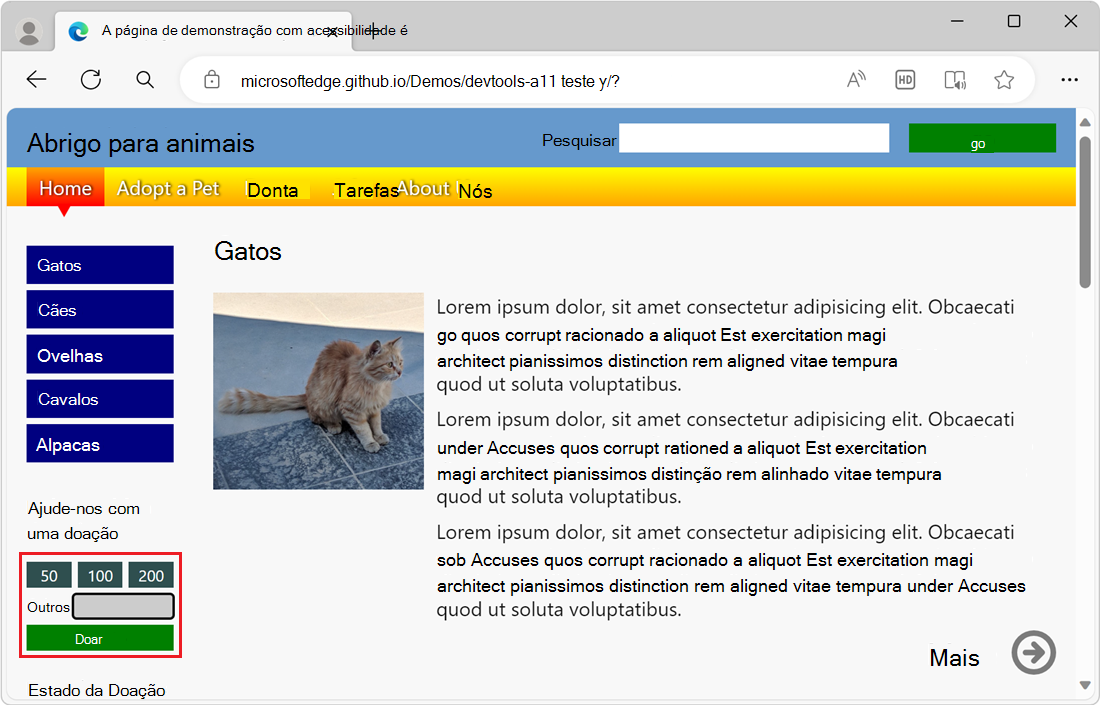 O único elemento acessível por teclado no formulário de doação é o campo de introdução de texto