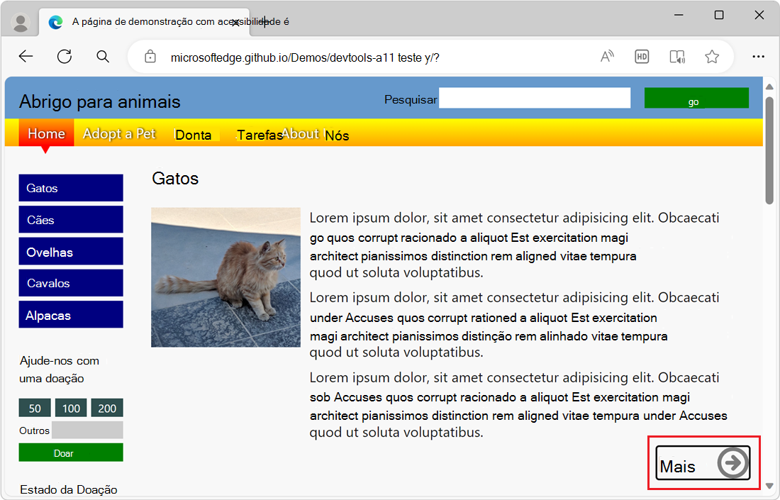 Navegar no documento com o teclado e a Tecla de Tabulação. O foco é apresentado numa ligação no documento