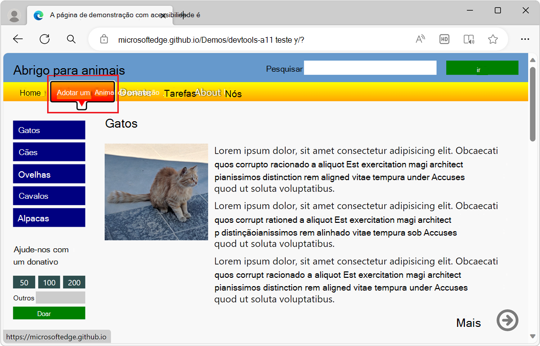 O menu principal tem um destaque e um destaque de foco, pelo que é acessível por teclado