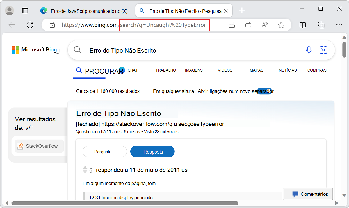 A página de resultados da pesquisa num novo separador