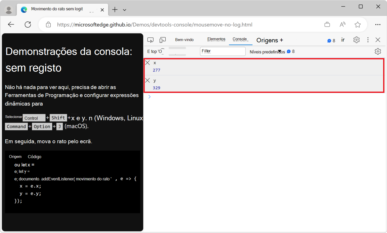 A ferramenta Consola, com as expressões dinâmicas x e y, a mostrar as coordenadas do rato na página Web composta
