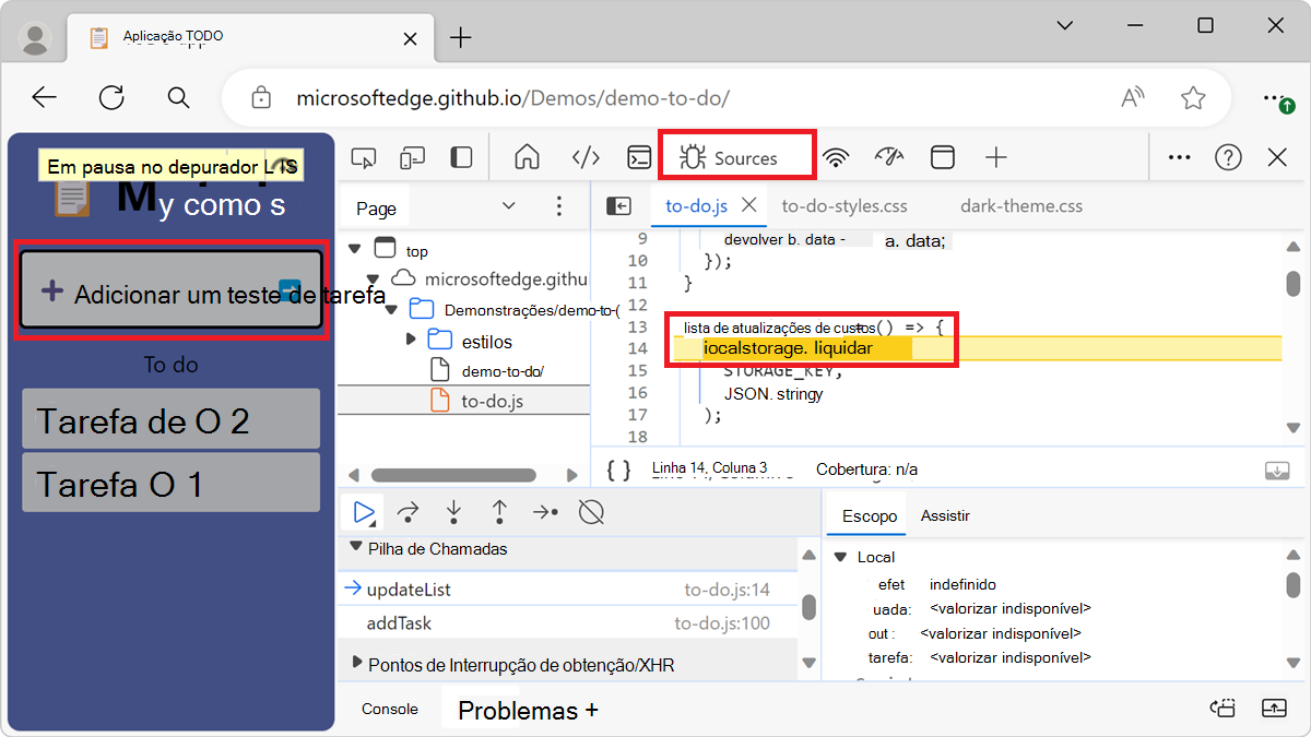 O depurador é colocado em pausa dentro da função updateList()