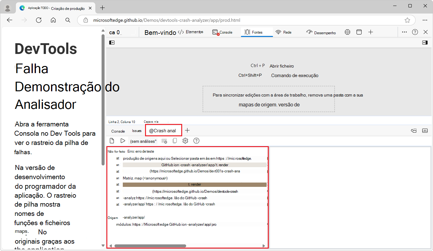 A ferramenta Analisador de falhas, com a pilha de chamadas melhorada colada no painel esquerdo