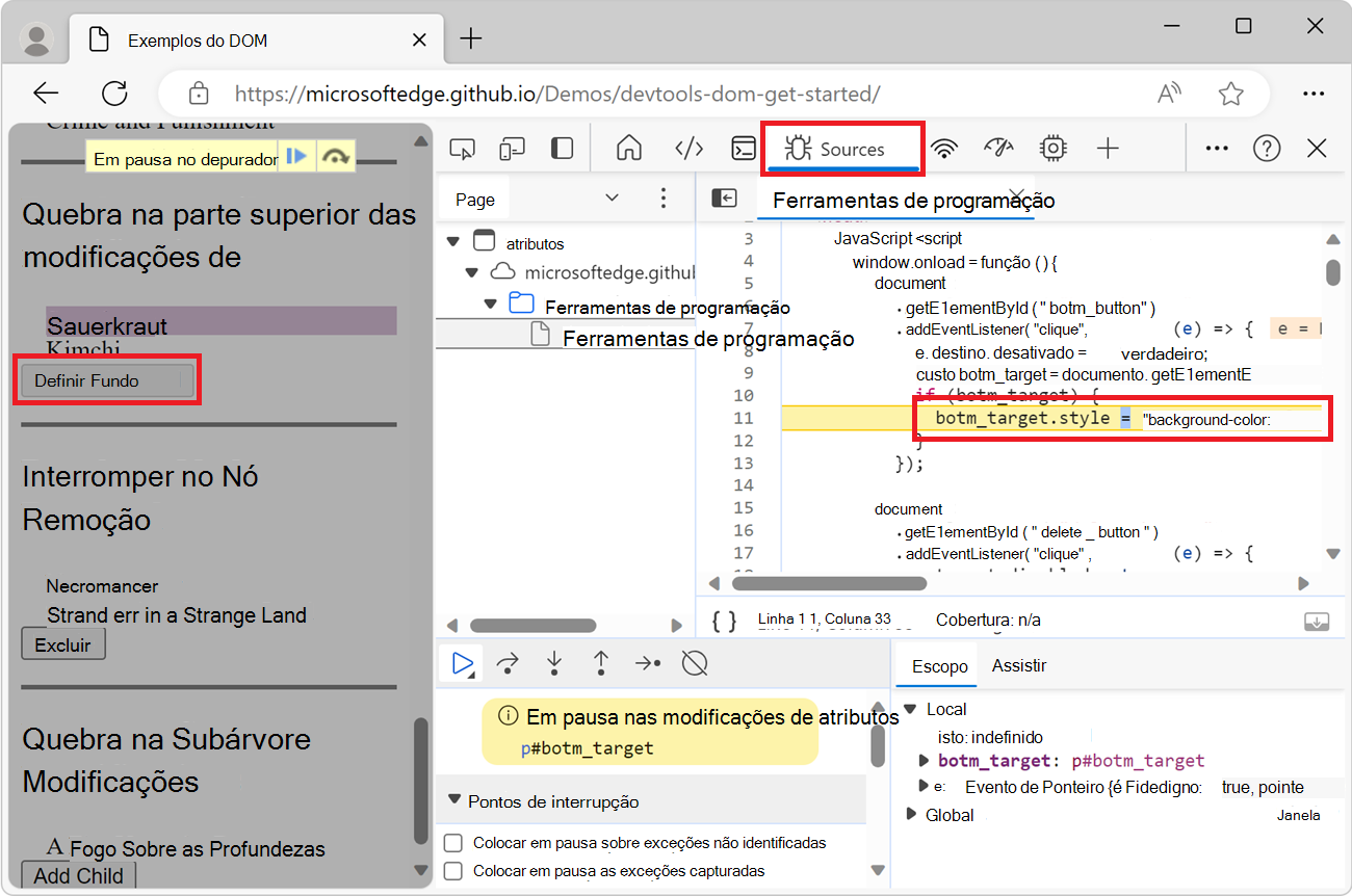 A ferramenta Origens a mostrar a linha de código que fez com que o atributo se alterasse