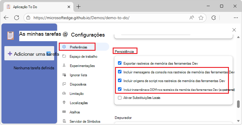 O painel Definições em DevTools, a mostrar as opções de rastreio