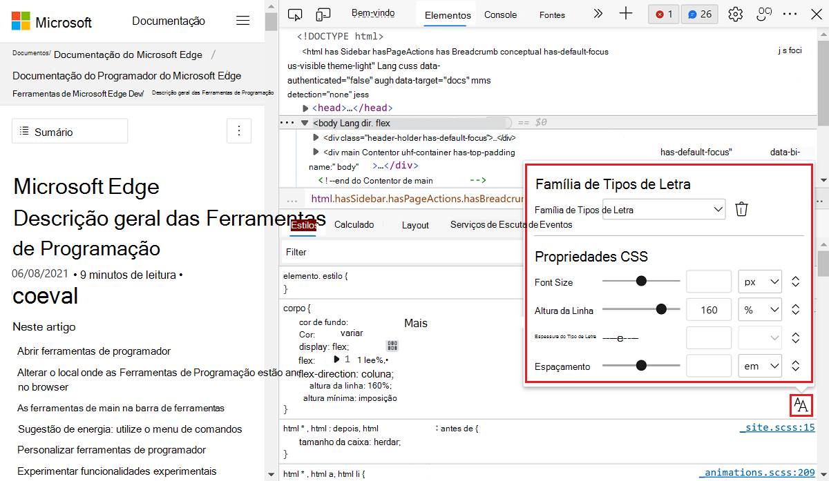 O Editor de Tipos de Letra é aberto na parte superior do painel Estilos