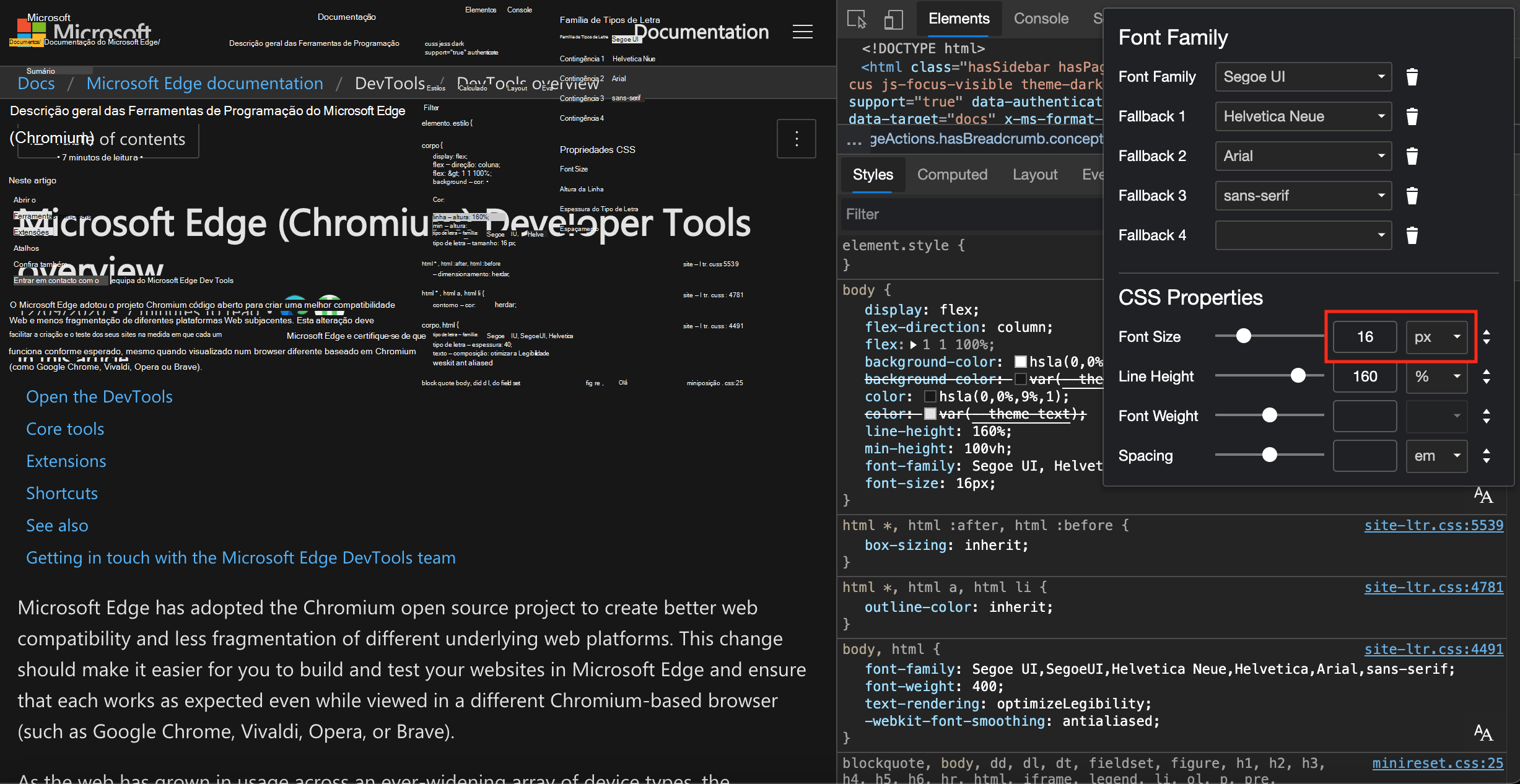 Alterar o tamanho do tipo de letra para 16 píxeis