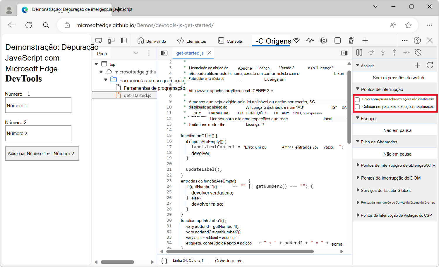 O botão Colocar em Pausa nas exceções