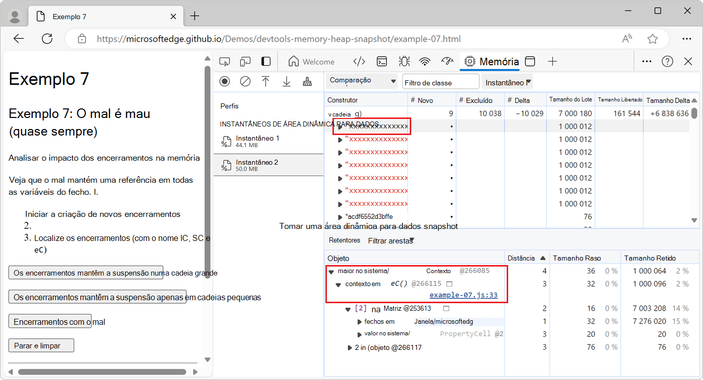 A secção Retentores, que mostra que a cadeia de carateres é mantida pela função eC