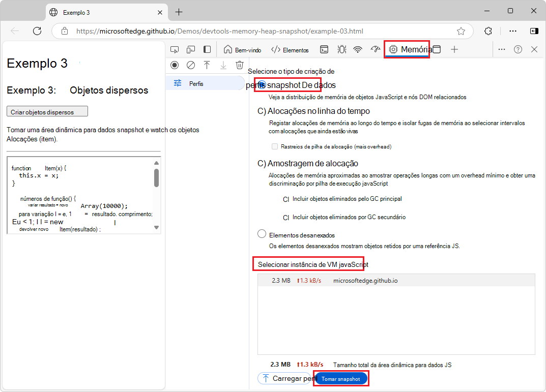 A ferramenta Memória, a opção snapshot área dinâmica para dados está selecionada e o botão Tomar snapshot está realçado