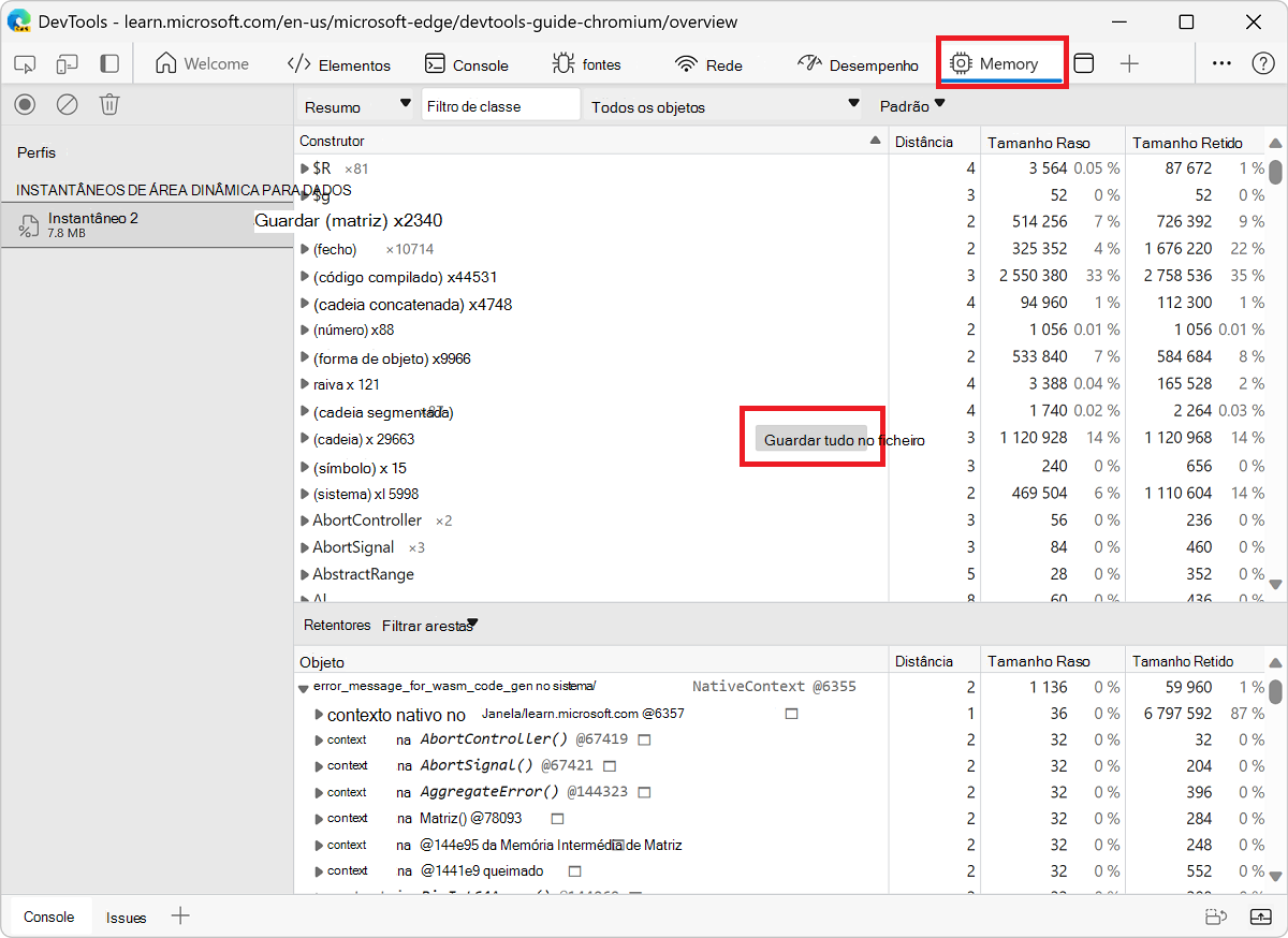 Guardar todas as cadeias de dados de uma área dinâmica para dados snapshot em JSON