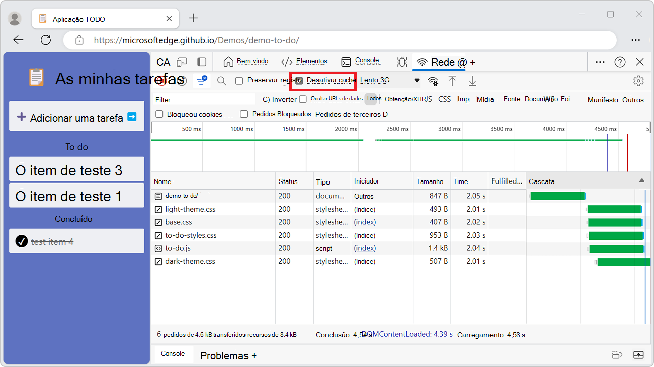 A caixa de verificação Desativar Cache