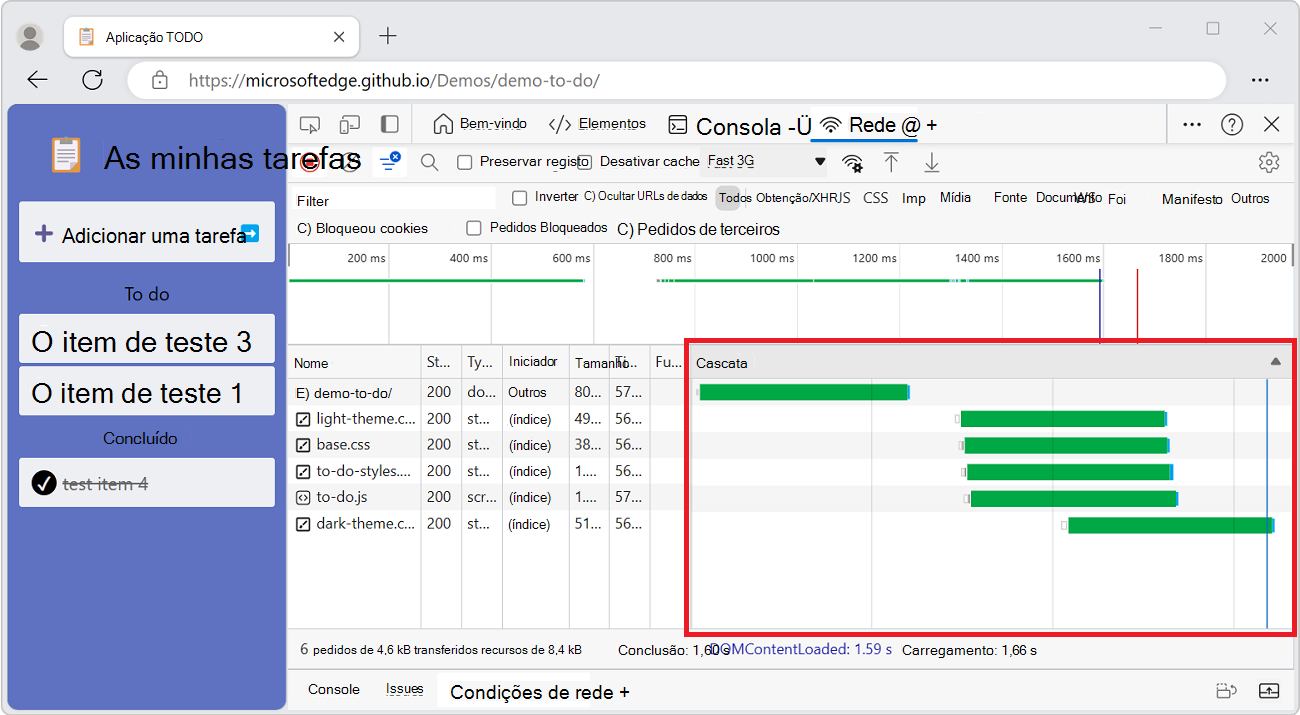 A coluna Cascata do painel Pedidos