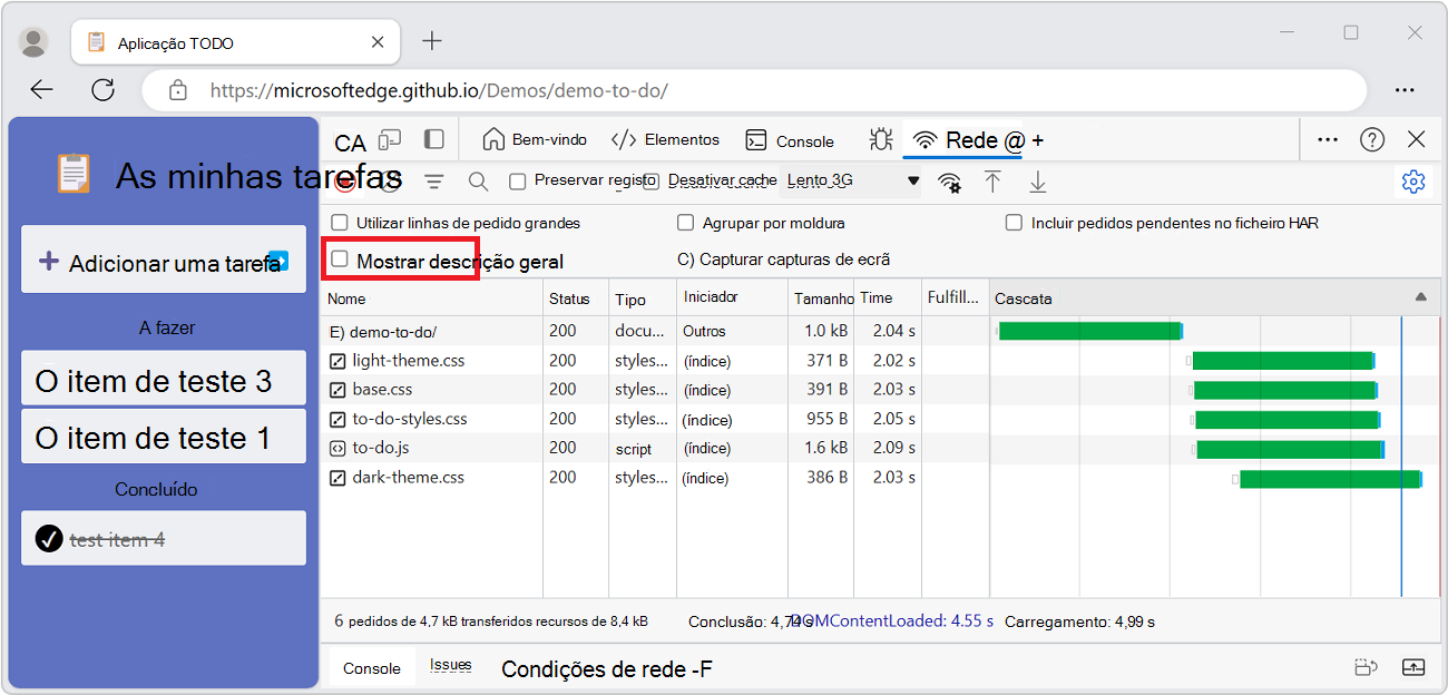 A caixa de verificação Mostrar Descrição Geral