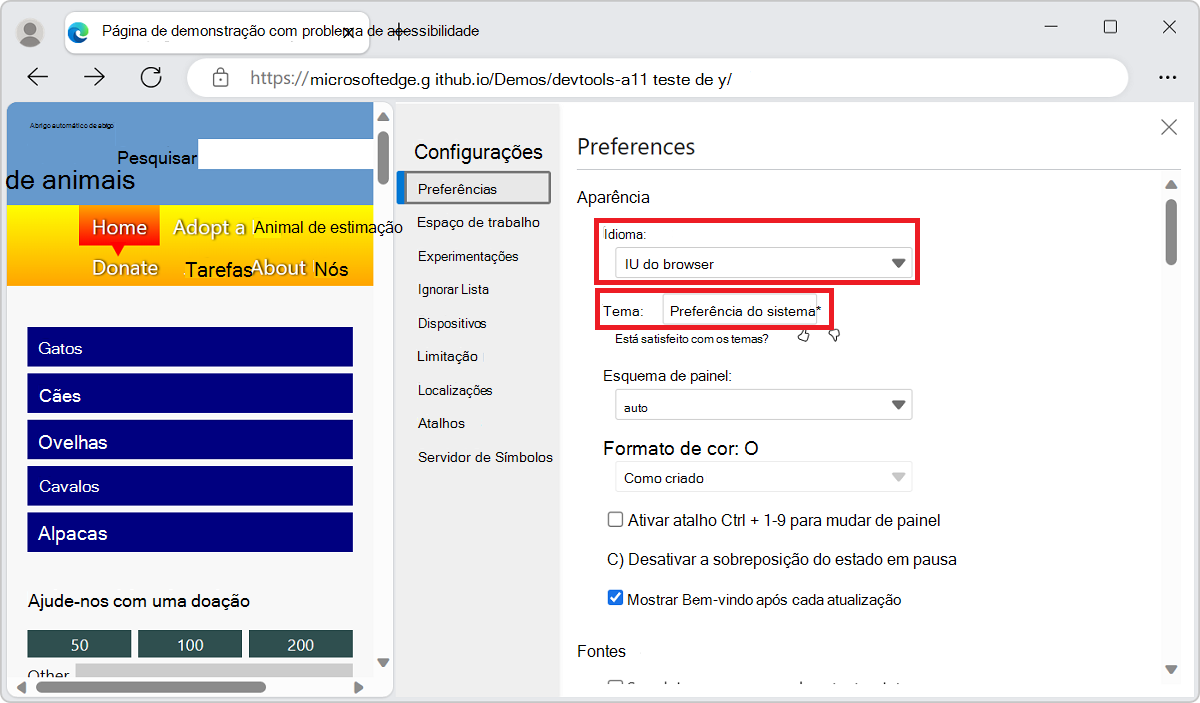Todas as definições em DevTools