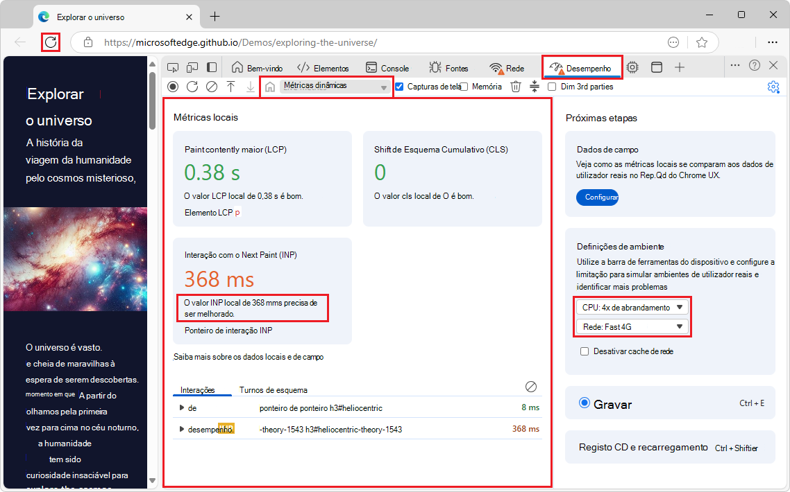 A home page da Ferramenta de desempenho a mostrar as métricas locais