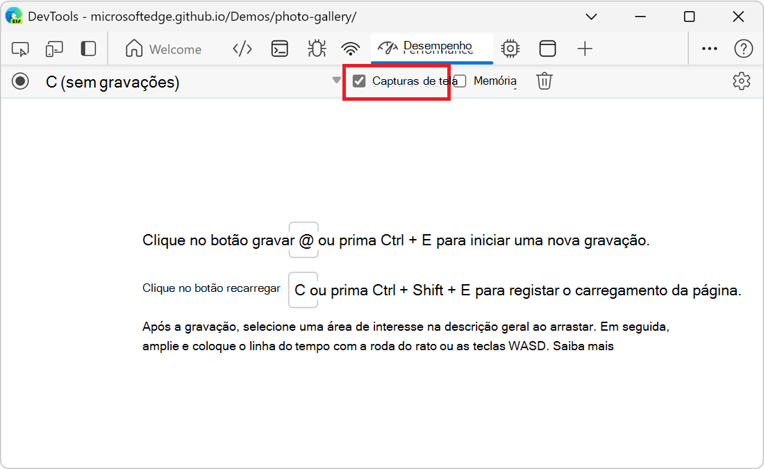 A caixa de verificação Capturas de Ecrã