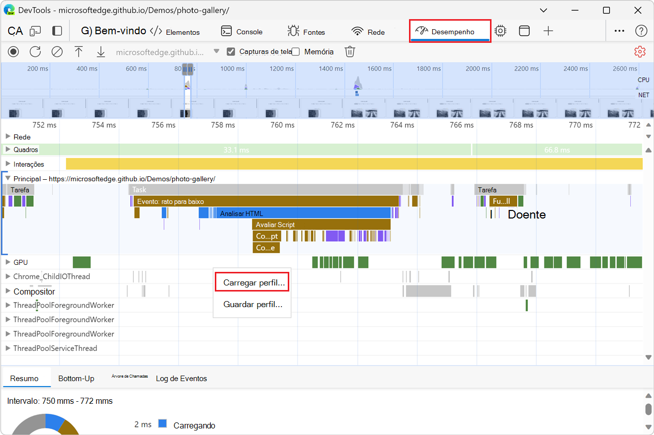 O menuitem com o botão direito do rato em 